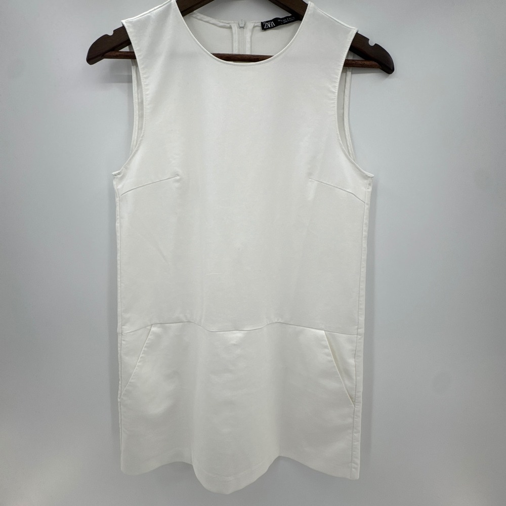 Zara Shift Dress Womens 5 White Stretch Luxury Sleeveless Round Neck Back Zip